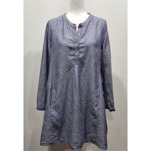 TAHARI 100% Linen Chambray Mandarin Collar Long Pockets Sleeve Swing Dress, S